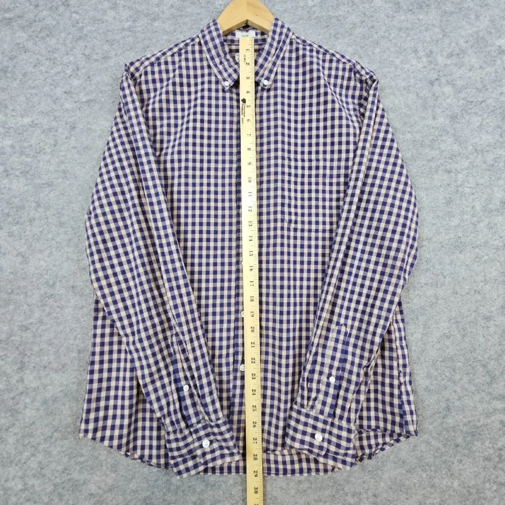 J Crew Secret Wash Shirting Size‎ L Slim Fit Blue & Beige Checks Organic Cotton